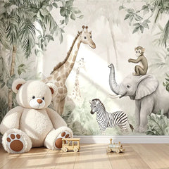 Jungle Safari Animals Wall Mural – Kids Room Peel-and-Stick Large Removable Design