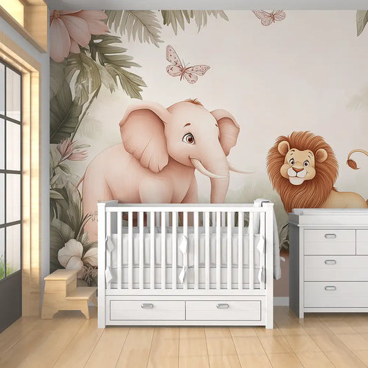 Safari Friends Pastel Nursery Wall Mural – Peel-and-Stick Large Removable Design