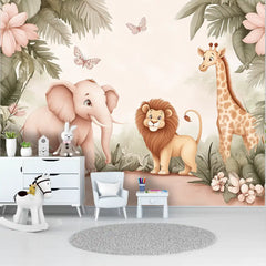 Safari Friends Pastel Nursery Wall Mural – Peel-and-Stick Large Removable Design