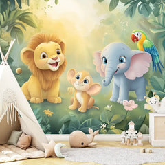 Bright Jungle Friends Wall Mural – Kids Room Peel-and-Stick Large Removable Design