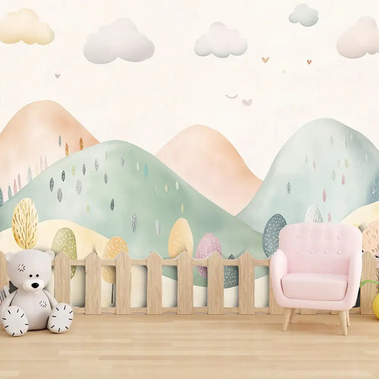 Pastel Dreamland Hills Kids Mural Wallpaper