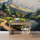 Mountain Valley Cottage Landscape Wall Mural – Peel-and-Stick Large Removable Design