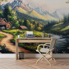 Mountain Valley Cottage Landscape Wall Mural – Peel-and-Stick Large Removable Design