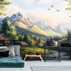 Mountain Valley Cottage Landscape Wall Mural – Peel-and-Stick Large Removable Design