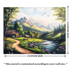 Mountain Valley Cottage Landscape Wall Mural – Peel-and-Stick Large Removable Design
