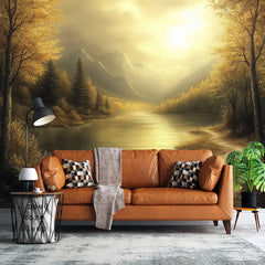 Golden Sunset Lake Landscape Wall Mural – Peel-and-Stick Large Removable Design