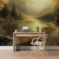 Golden Sunset Lake Landscape Wall Mural – Peel-and-Stick Large Removable Design
