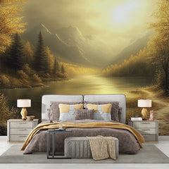 Golden Sunset Lake Landscape Wall Mural – Peel-and-Stick Large Removable Design