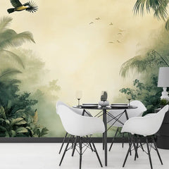 Misty Jungle Wall Mural – Lush Green Peel-and-Stick Large Removable Design