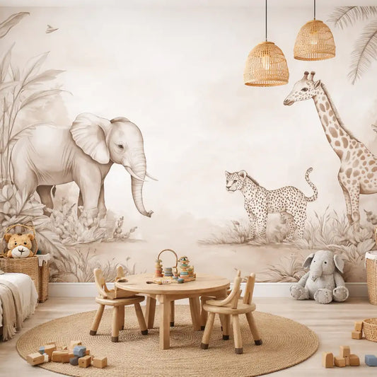 Beige Safari Wall Mural – Neutral Kids Room Peel-and-Stick Large Nursery Design