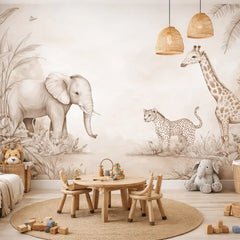 Beige Safari Wall Mural – Neutral Kids Room Peel-and-Stick Large Nursery Design