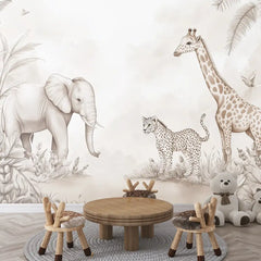 Beige Safari Wall Mural – Neutral Kids Room Peel-and-Stick Large Nursery Design