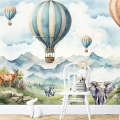 Safari Balloon Adventure Wall Mural – Kids Room Peel-and-Stick Large Design