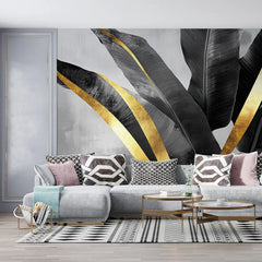 Black and Gold Banana Leaf Luxury Wall Mural – Peel-and-Stick Large Removable Design