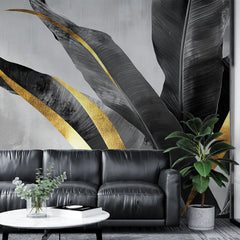 Black and Gold Banana Leaf Luxury Wall Mural – Peel-and-Stick Large Removable Design