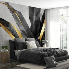 Black and Gold Banana Leaf Luxury Wall Mural – Peel-and-Stick Large Removable Design
