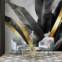 Black and Gold Banana Leaf Luxury Wall Mural – Peel-and-Stick Large Removable Design