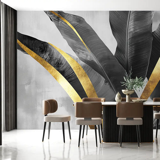 Black and Gold Banana Leaf Luxury Mural Wallpaper