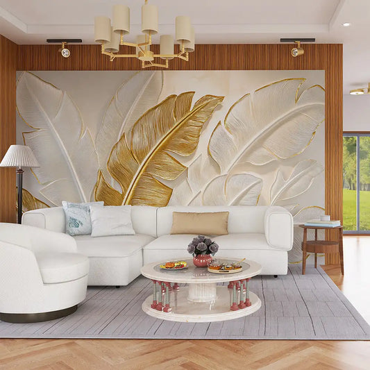 Golden Tropical Leaves Wall Mural – Peel-and-Stick Large Bedroom Living Room
