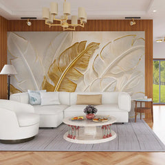 Golden Tropical Leaves Wall Mural – Peel-and-Stick Large Bedroom Living Room