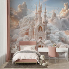Dreamy Cloud Castle Fairytale Wall Mural – Peel-and-Stick Large Kids Room Design