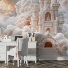 Dreamy Cloud Castle Fairytale Wall Mural – Peel-and-Stick Large Kids Room Design