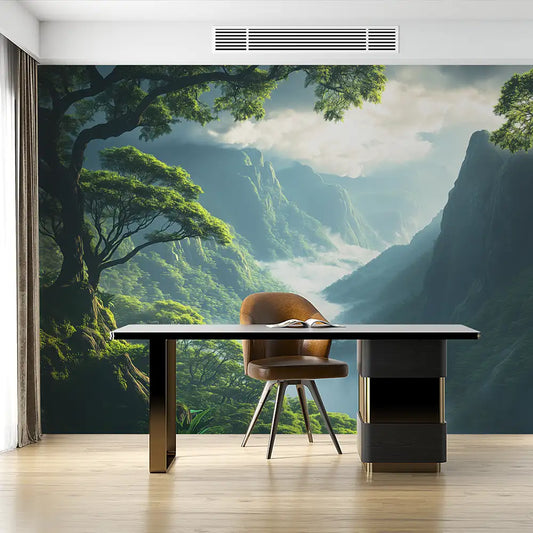 Misty Mountain Forest Landscape Mural Wallpaper