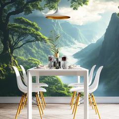 Misty Mountain Forest Landscape Wall Mural – Peel-and-Stick Large Removable Design