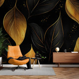 Black and Gold Elegant Leaf Wall Mural – Luxury Peel-and-Stick Large Bedroom Design