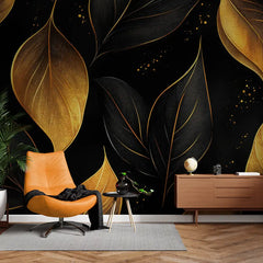 Black and Gold Elegant Leaf Wall Mural – Luxury Peel-and-Stick Large Bedroom Design