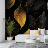 Black and Gold Elegant Leaf Wall Mural – Luxury Peel-and-Stick Large Bedroom Design