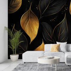 Black and Gold Elegant Leaf Wall Mural – Luxury Peel-and-Stick Large Bedroom Design