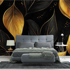 Black and Gold Elegant Leaf Wall Mural – Luxury Peel-and-Stick Large Bedroom Design