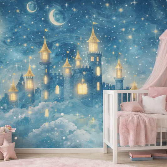 Night Castle Kids Wall Mural – Magical Peel-and-Stick Large Girls Room Design