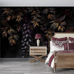 Dark Exotic Leaves Wallpaper – Tropical Peel-and-Stick Living Room Wall Design