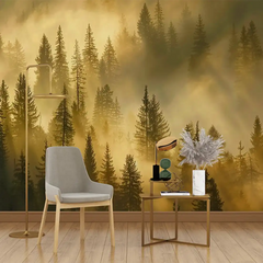 Golden Misty Forest Wall Mural – Warm Peel-and-Stick Large Removable Design