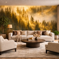 Golden Misty Forest Wall Mural – Warm Peel-and-Stick Large Removable Design