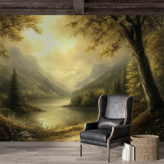 Golden Forest Landscape Wall Mural – Peel-and-Stick Large Bedroom Living Room