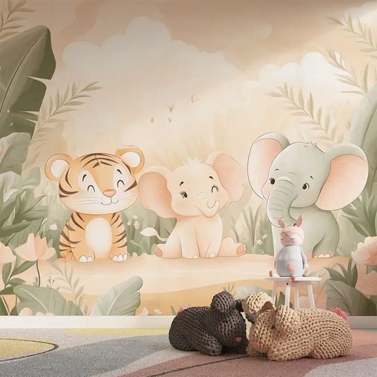 Cute Safari Animals Nursery Wall Mural – Peel-and-Stick Large Kids Room Design