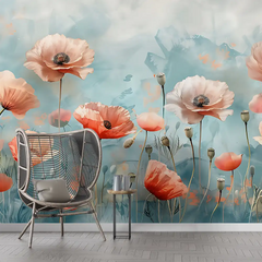 Coral Poppy Flower Wallpaper – Bold Peel-and-Stick Floral Accent Wall Design
