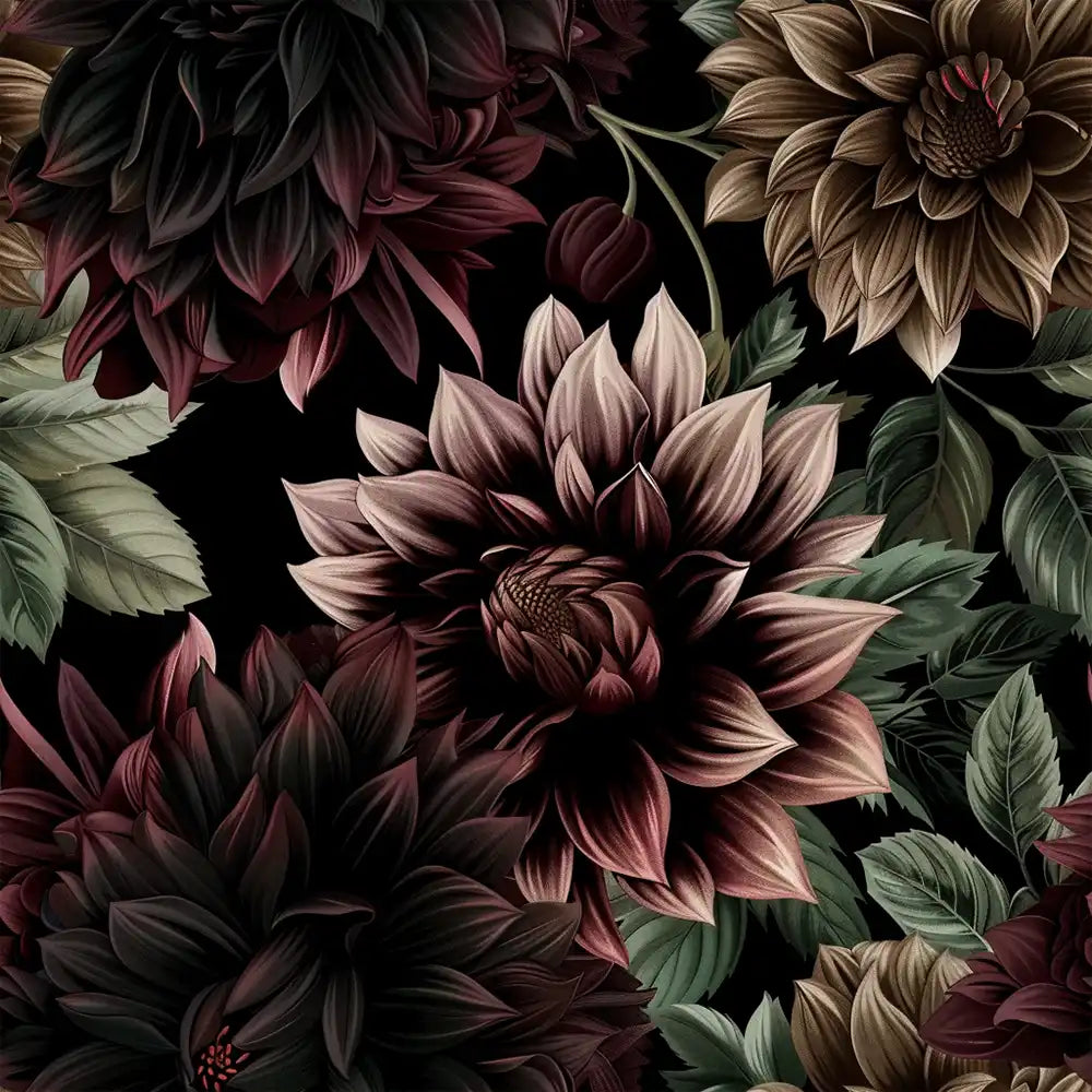 Burgundy black bold dark dahlia floral peel-and-stick accent wallpaper for bedroom wall