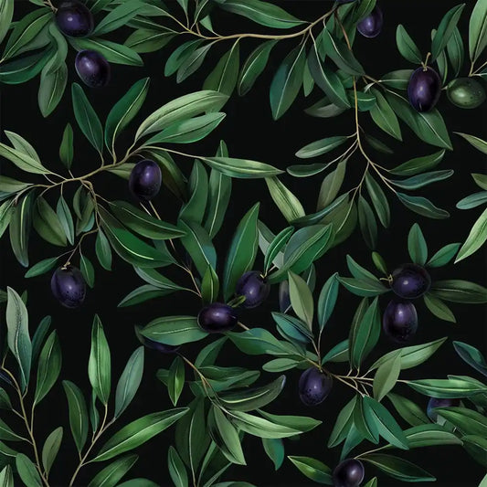 Olive green dark Mediterranean grove peel-and-stick wallpaper for atmospheric bedroom