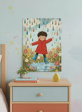 Happy Boy in Red Raincoat Splashing in Puddles Poster – Kids Room Wall Art