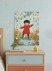 Happy Boy in Red Raincoat Splashing in Puddles Poster – Kids Room Wall Art