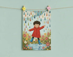 Happy Boy in Red Raincoat Splashing in Puddles Poster – Kids Room Wall Art