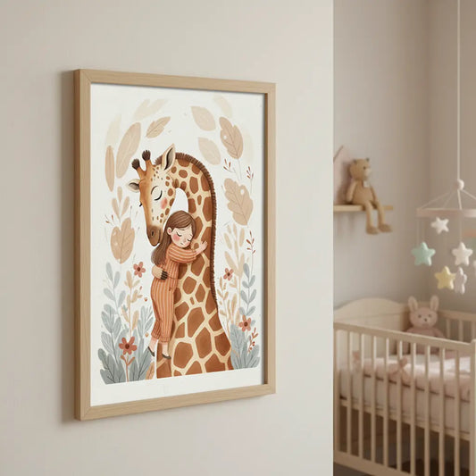 Sweet Girl and Giraffe Hug Boho Poster