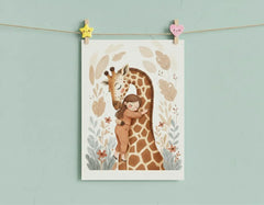 Sweet Girl and Giraffe Hug Boho Poster – Nursery Kids Room Wall Art