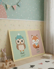 Forest Friends Owl and Fox Kids Poster – Nursery Bedroom Wall Art