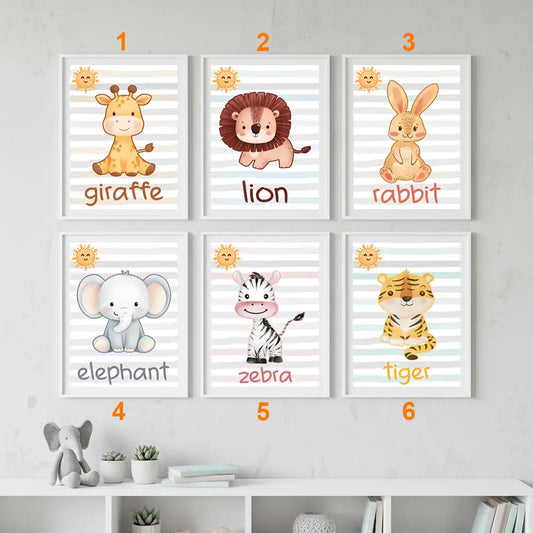 Jungle Animal Nursery Posters – Kids Room Educational Wall Art Set