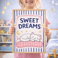 Sweet Dreams Sleeping Cat Kids Poster – Nursery Bedroom Wall Art